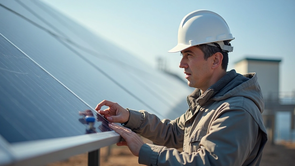 Современная энергетическая станция с солнечными панелями и инженерным персоналом