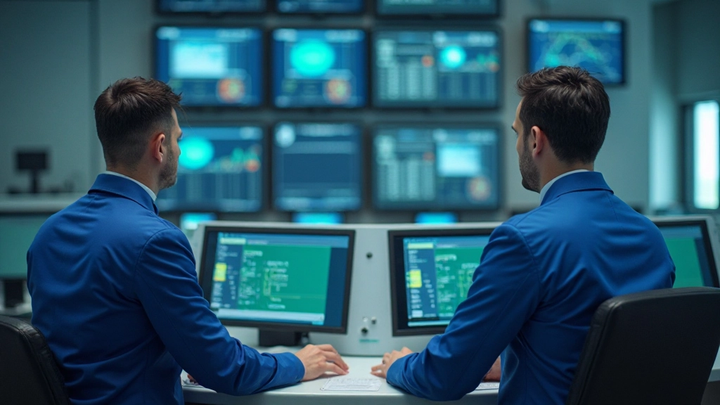 Профессиональное фото контрольной комнаты электроэнергетической подстанции с экранами мониторинга