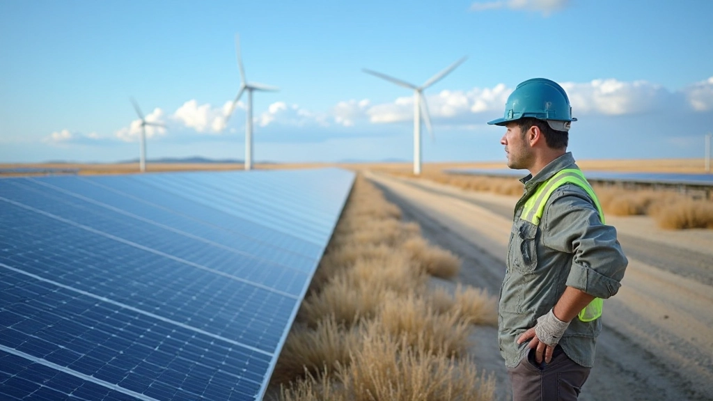 Солнечные панели в степной местности с ветровыми турбинами на горизонте
